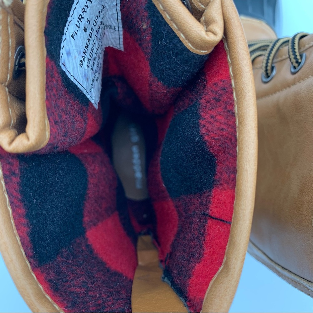 Madden Girl Flurry Duck Rain Boot Tan Black Women Sz 6.5 Fleece Plaid Lining EUC - Picture 11 of 14